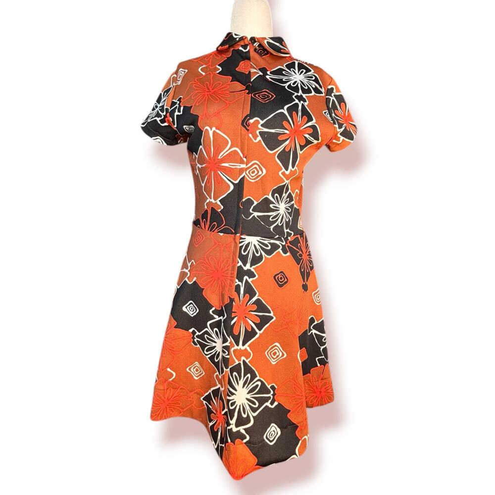 Sears Fashions Mod Floral Mini Dress Orange Black 60s 70s A Line Short Sleeve - Picture 1 of 11